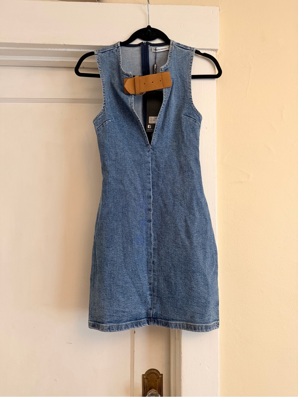 Galita Fashion Denim Mini Dress Belted Plunge Neck NWT Size S